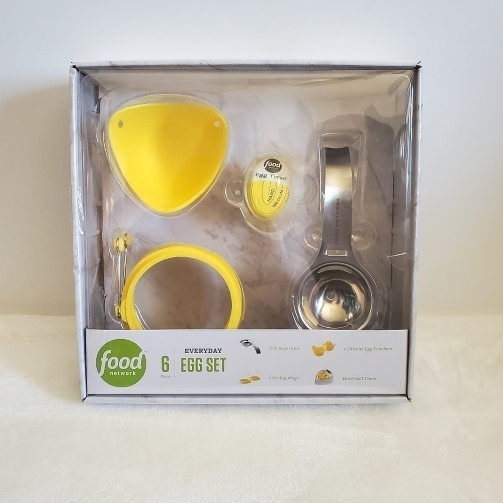 FOOD Network 6 Piece Egg Set Yolk Separator Egg Poachers Frying Rings Timer NIB